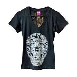 FATAL Women's NEW V- Neck Skull Rose Lace Sexy Tee.